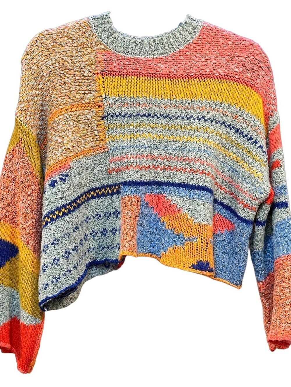 Sincerely Jules S Colorblock Patchwork Cropped Knit Sweater Boho Multicolor